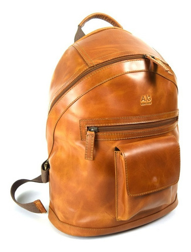 Backpack Grande 100% Piel Con Bolso Frontal Ag Leather Color Miel