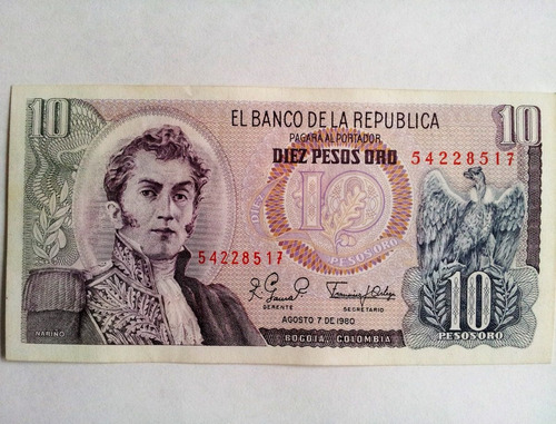 Billete 10 Pesos Colombianos Agosto 7 1980