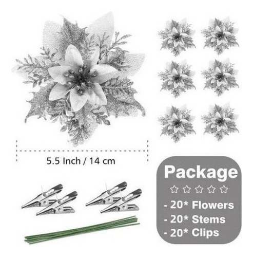 20 Flores Artificiales Con Purpurina For Árbol De Navidad,