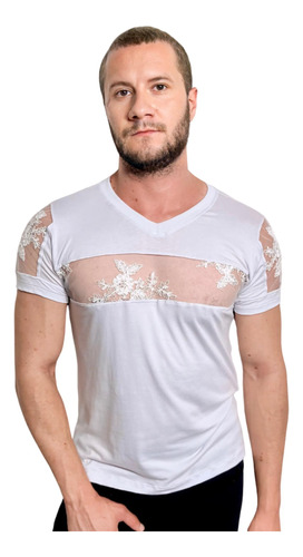 Camiseta Viscolycra Branca Detalhe Tule Bordado Floral
