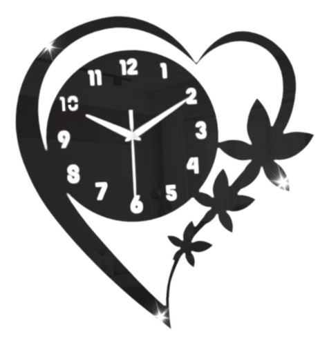 Reloj De Pared Con Diseño De Corazón Y Flores, Reloj Negro