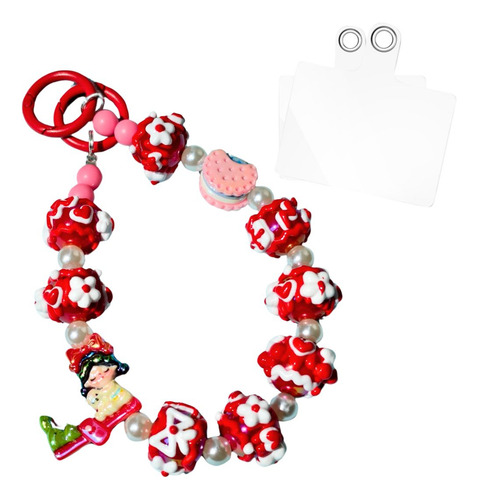 Cadena Para Celular Kawaii - Cuentas De Caricatura Y Perlas Rojo