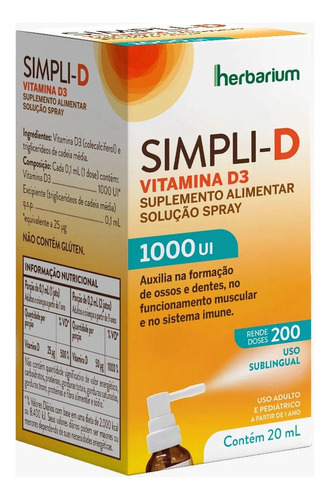 Simpli D 1000ui Vitamina D Em Spray Oral 20ml Sabor