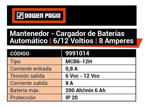 Imagen 2 de 6 de Mantenedor Cargador Baterias 6/12v 8amp Dowen Pagio 9991014