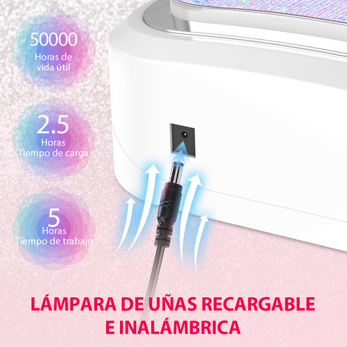Funsmile Lámpara De Uñas 120w/30LED Secadora For Manicura Recargable, 30 Perlas LED 360° Curado Uniforme, Luz Suave 365+405nm, 4 Temporizadores + Sensor Inteligente, 2-5h Uso Inalámbrico