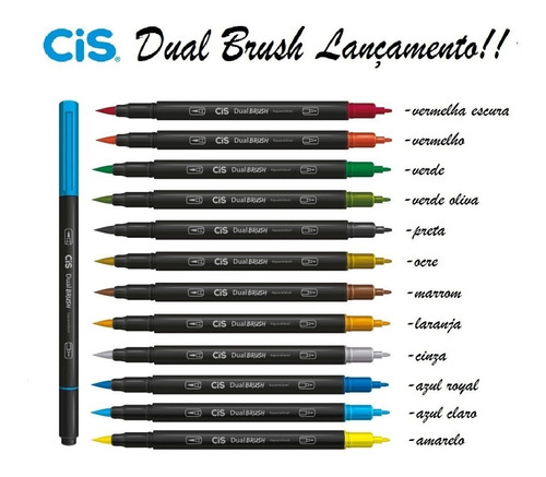 Caneta Brush Pen 12 Cores Duas Pontas Aquarelável Cis Pen