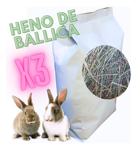 Heno De Ballica, Pack 3 Bolsas 600 Gr, Conejos, Cuy