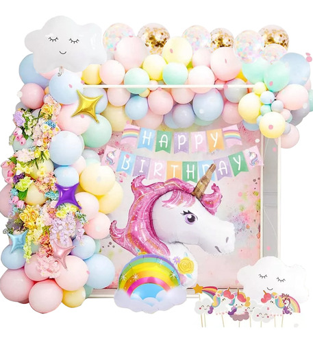 Kit Globos Unicornio Arcoiris Decoración De Cumpleaños Niñas