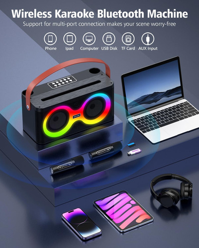 Máquina De Karaoke, Altavoz Bluetooth Portátil Con 2 Micrófo