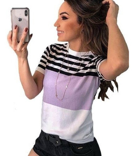 Blusa Blusinha Tricot Manguinha Listrada Modal Tshirt Modern
