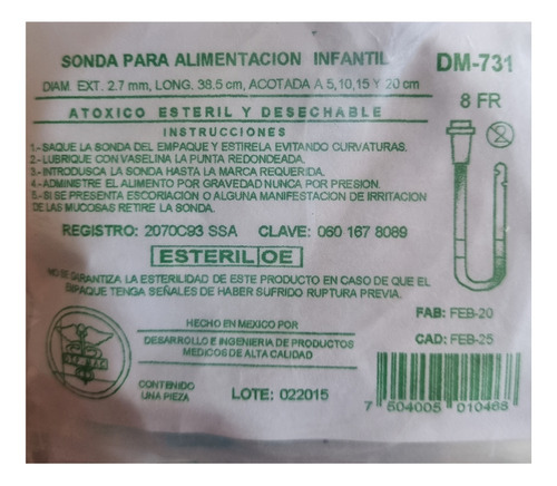 100 Pzas Sonda Alimentacion Prematuros 8 Fr