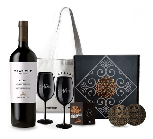 Box Vino Trapiche Reserva 2 Copas Negras Grabadas Estuche 