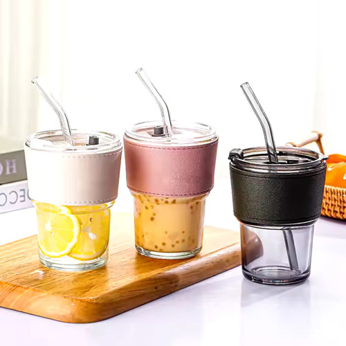 5 Tazas De Café De Vidrio Con Tapa Popote Cuero Frio Calient Color A