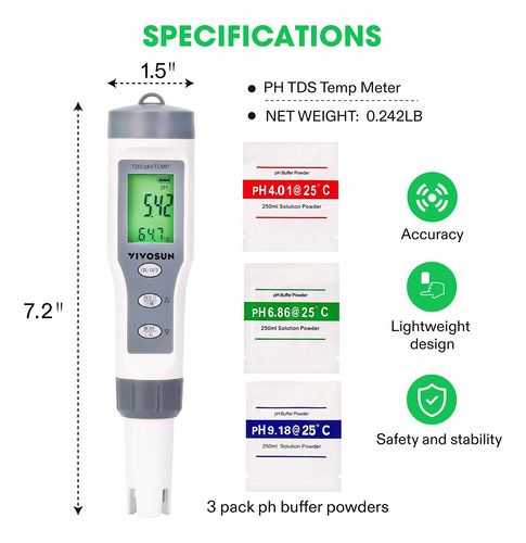 Medidor De Ph 3 En 1 Con Precisión De 0.1 Ph