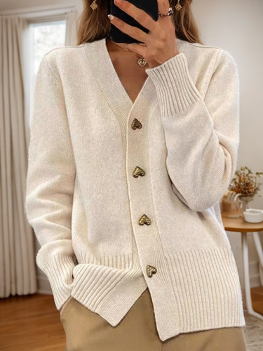 Suéter De Punto Con Cuello En V Con Botón De Amor A La Moda,
