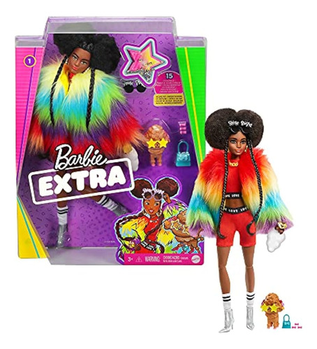 Barbie Muñeca Extra N. ° 1 Con Abrigo Peludo De Arcoiris
