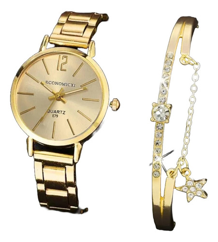 Reloj De Mujer Dorado, Acero  Pulsera Y Caja Incluida.