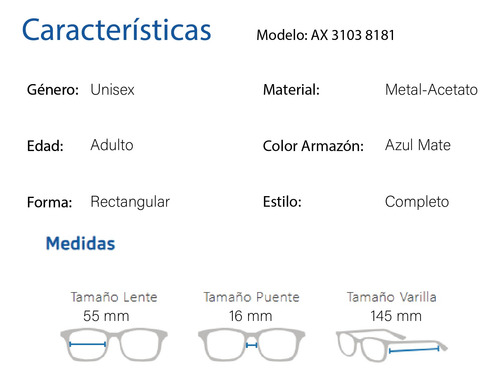 Lentes Oftálmicos Armani Exchange Ax3103 8181 Azul Mate Azul Mate