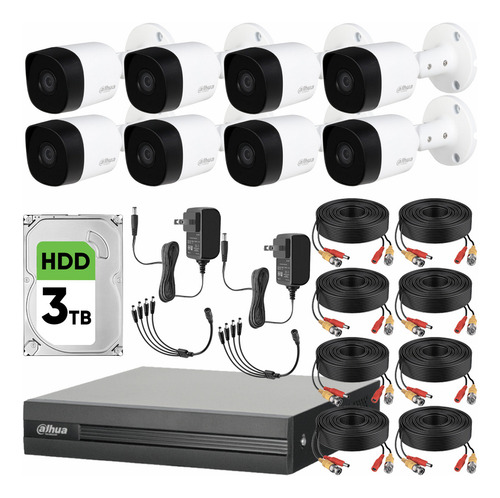 Kit videovigilancia cronos 8 cámaras Dahua bala B2A21 metálicas 2mp + HDD 3tb + cables + accesorios - kit cctv DH-KITPLUS8+3TB (dvr dahua XVR1b08-i circuito cerrado)