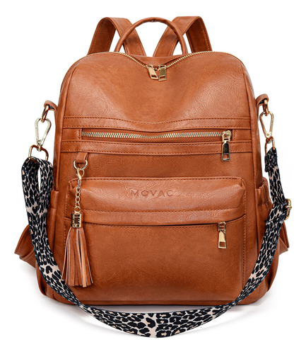 Mochila Cartera Mv Movac Urban Chic Cuero Pu Ecológico Marrón 15l Para Mujer A La Moda, Mochila Multifuncional Resisten Al Agua. Color Marrón