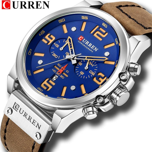 Relogio Masculino Curren Modelo M8314 Caixa 50mm Prata Visor Azul Calendario Couro Marrom Legitimo Envio Imediato