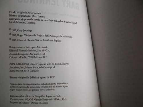 Otoño Azteca- Gary Jennings 1a Ed Mx-/tercera Reimpresión (Usado)