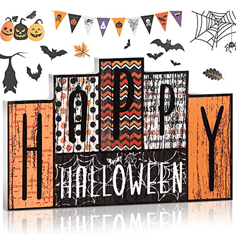 Wooden Happy Halloween Table Sign Double Sided Print Ce...