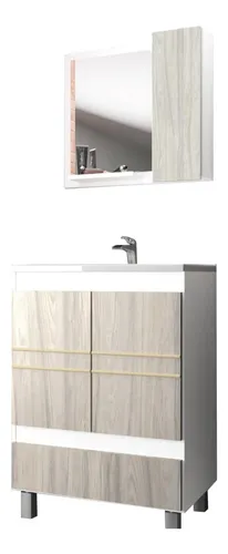 Mueble De Baño 2 Puertas 1 Cajón Con Espejo Beige Blanco Un Agujero