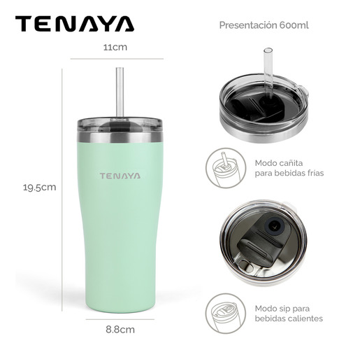 Vaso Tenaya Acero Inoxidable 600ml Tapa A Prueba Derrames, C