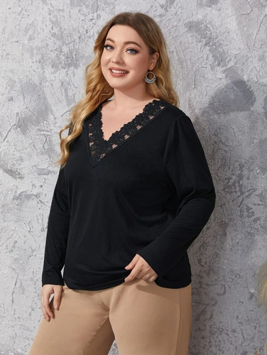 Blusa Suelta Negra Con Encaje En Escote, Tallas Extras 3xl