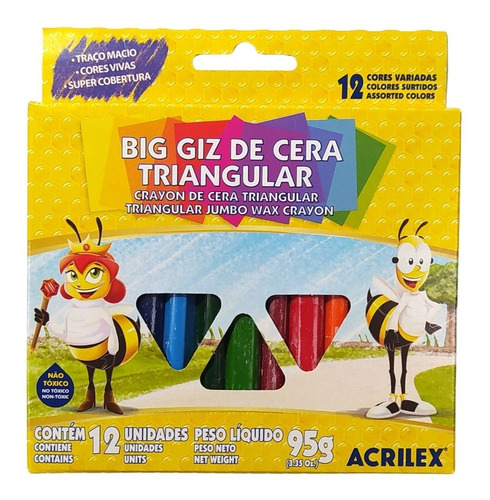 Giz De Cera Grande Triangular 12 Cores Para Crianças Acrilex 12 Cores
