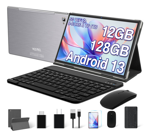 Android 13 Tablet 10 Pulgadas con 12 GB RAM 128 GB ROM 1TB TF 2 en 1 Tablet con 5G 2.4 WIFI 2.0 GHz  Bluetooth 5.0 Batería 8000 mAh 5 MP 8 MP Yestel T5