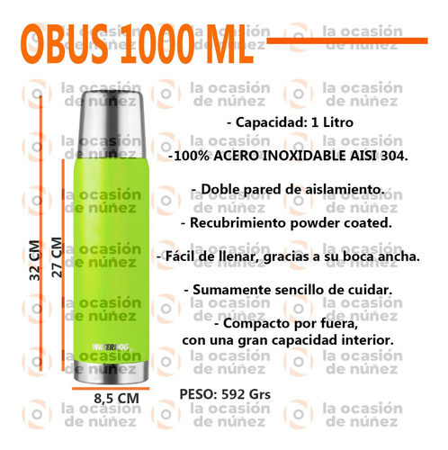 Imagen 2 de 7 de Termo Bala Waterdog 1000 Acero Inoxidable Camping Mate