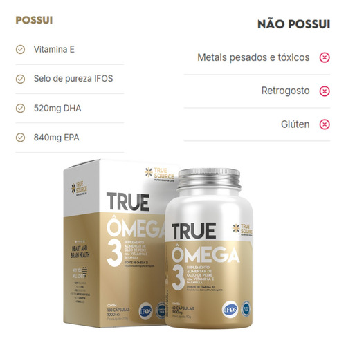 Ômega 3 Com Vitamina E Selo Ifos 180 Cápsulas True Source