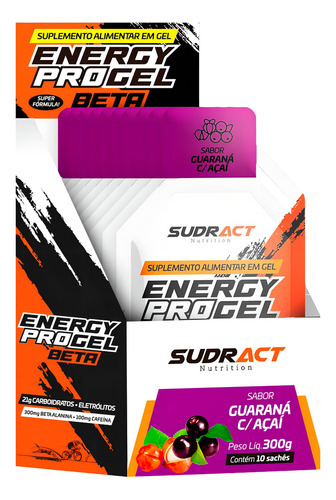 Energy Gel Pro Beta Alanina 300g - Cx 10 Sachês - Sudract Sabor Guaraná c/ Açaí