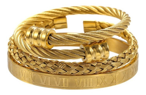 Juego De Tres Pulseras Brazaletes Esclavas Baño De Oro 18k