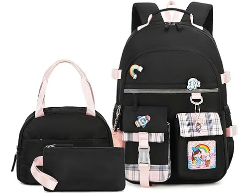 Mochila Con Lonchera Y Juego De Bolsa De Libros Negra