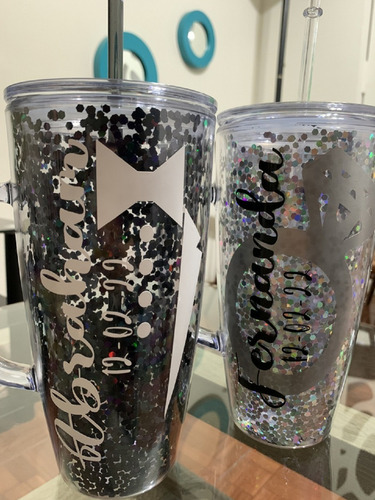 Paquete 2 Vasos Glitter Personalizados Con Asa Y Popote Moda