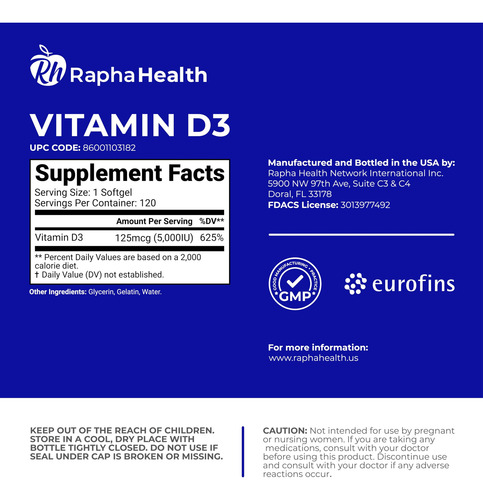 Rapha Health Vitamina D3 5000 Ui Alta Potencia 120 Cápsulas
