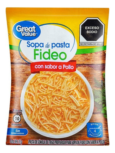 Sopa De Pasta Great Value Fideo Con Sabor A Pollo 95 G