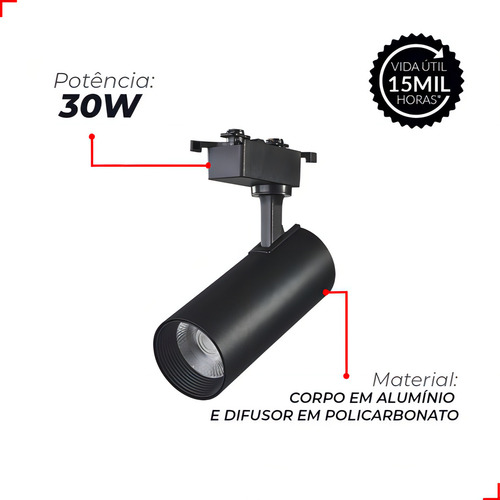 Spot Trilho Led Preto Authentic Evo 30w 2100lm 3000k Branco Quente 127/220v Deluxe By Avant