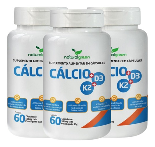 Kit 3 Unidades De Cálcio + Vit K2 + D3 180 Caps Green
