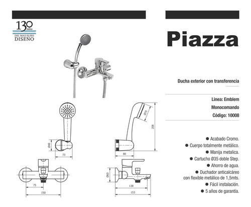 Imagen 2 de 7 de Griferia Ducha Exterior Piazza Monocomando Emblem Yvon Metal