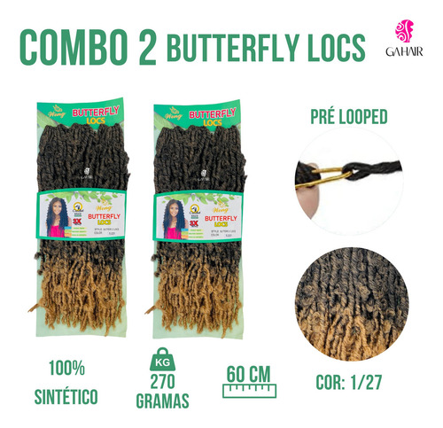 Combo 2 Cabelos Butterfly Locs Sintetico 60 Cm Weng - Dread Cor Preto Com Californiana Mel 1/27