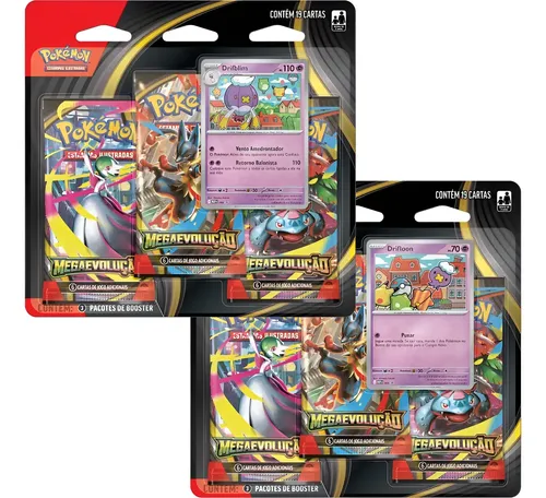 Duas embalagens do kit Pokémon Mega Evolução exibindo as cartas promocionais Drifblim e Drifloon acompanhadas de três pacotes de booster cada.