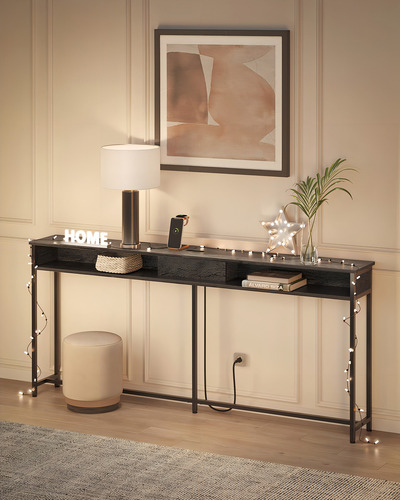 Vasagle - Mesa De Consola De 70 Pulgadas Con Salida Y Estantes, Mesa De Sofá Con Estación De Carga Oculta, Mesa De Entrada Larga Para Pasillo, Sala De Estar, Color Negro