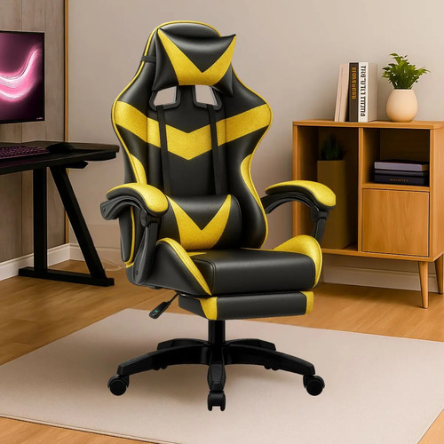 Cadeira De Escritório Gamer Nitro Ergonômica Estofado Couro Sintético Reclinável Altura Ajustável Apoio Para Pés Cor Dourado Luvinco