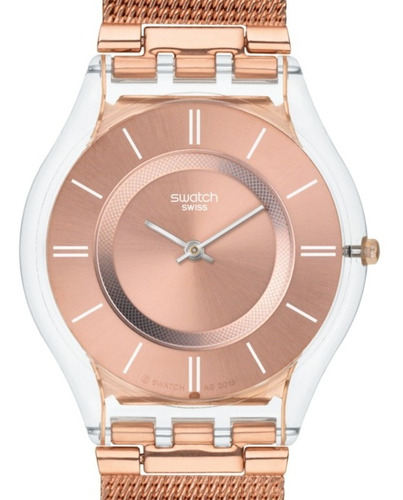Reloj pulsera Swatch Originals Hello darling de cuerpo color transparente, analógico, para mujer, fondo rosa dorado, con correa de acero inoxidable color rosa, agujas color plateado, dial rosa, bisel color transparente y hebilla de gancho