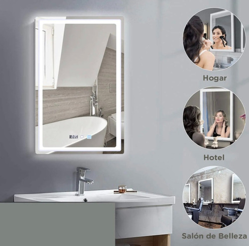 Espejo Rectangular Touch 50x70 3 Luces+dimmer+antifog+reloj