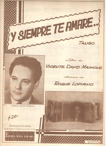Partitura Del Tango Y Siempre Te Amaré De Vicente D. Maimone